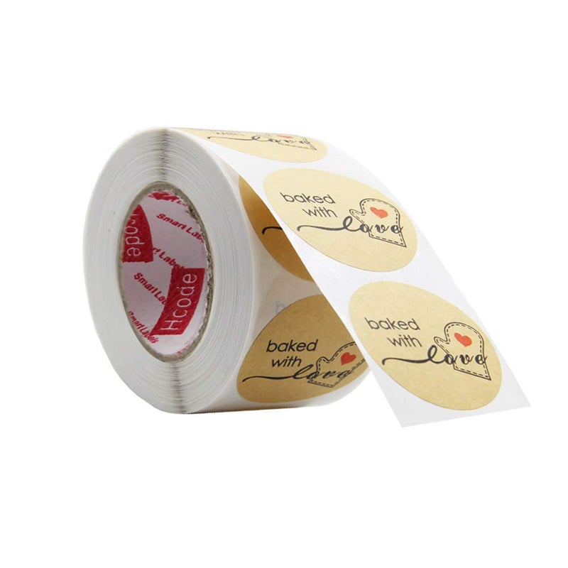 Hcode 500 Natural Kraft Paper Round Baked with Love Stickers with Red Heart in Baking Gloves 1.5 Inch Adhesive Label (1 roll, Kraft Baked with Love) - Image 2